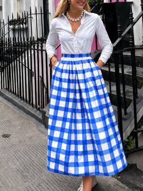 NWT ZARA ZW Collection checkered gingham pocket midi circle a-line skirt xs 3090